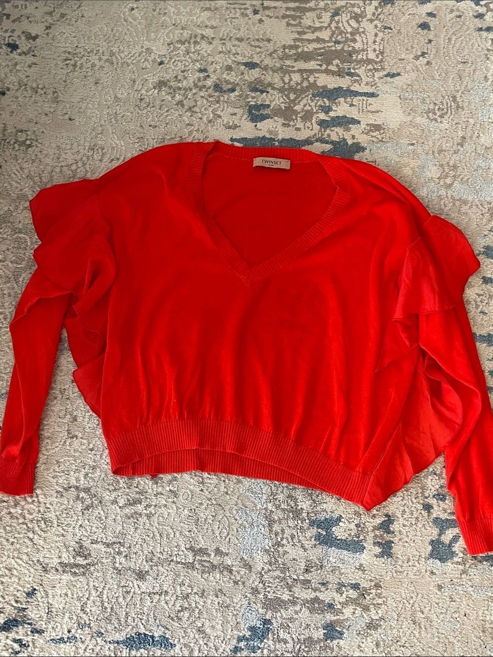 Twin-Set Bright Red V-Neck Ruffle Sleeve Sweater